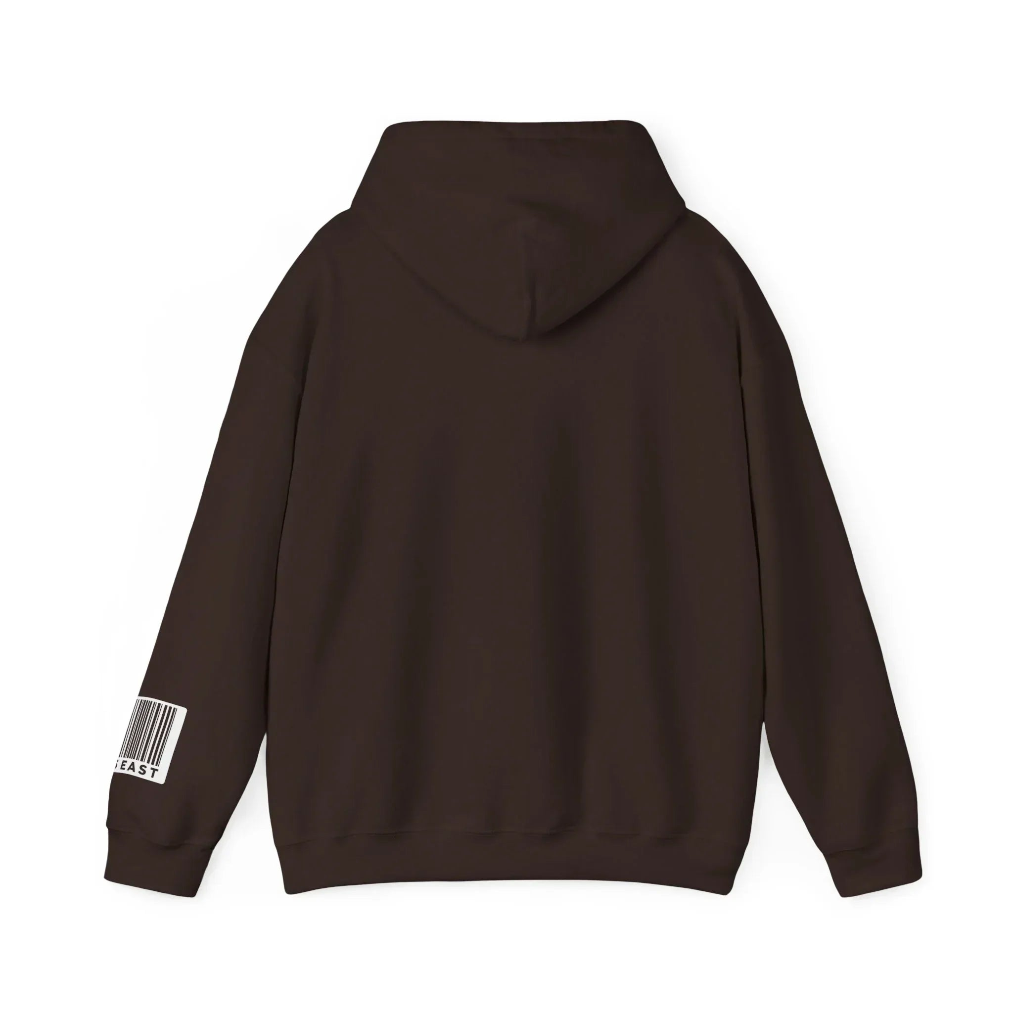 Brown hoodie back view with barcode graphic on sleeve, minimalist streetwear style