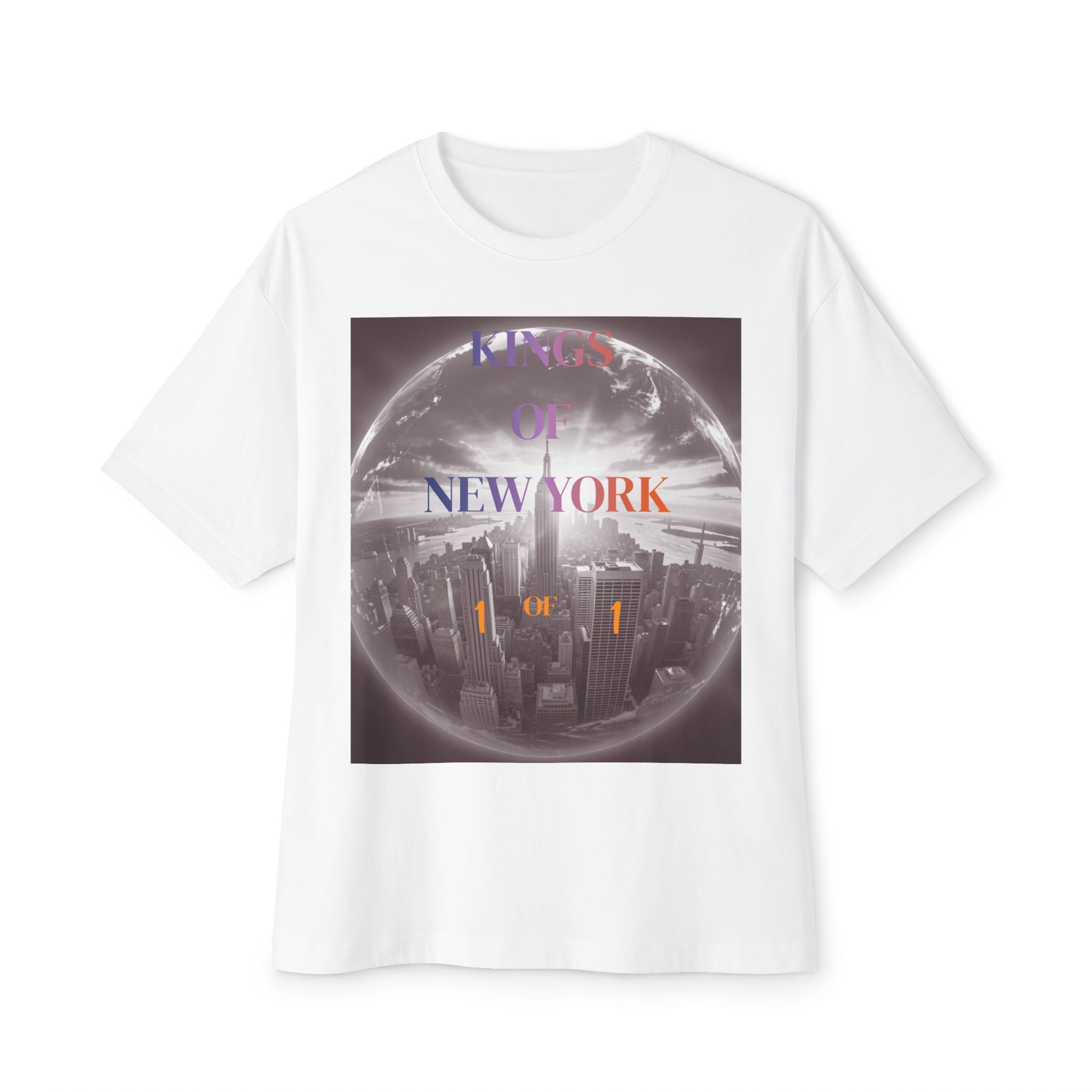 White graphic tee with 'Kings of New York' text over city skyline globe design