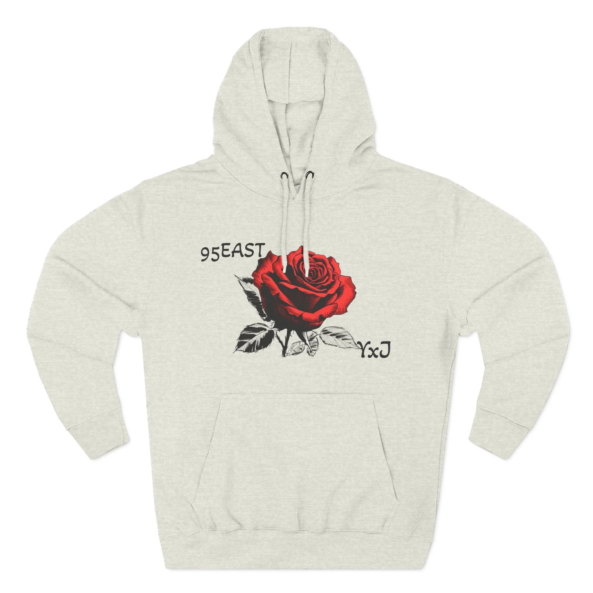 Black hoodie with red rose graphic and barcode sleeve detail, 95EAST YxJ design