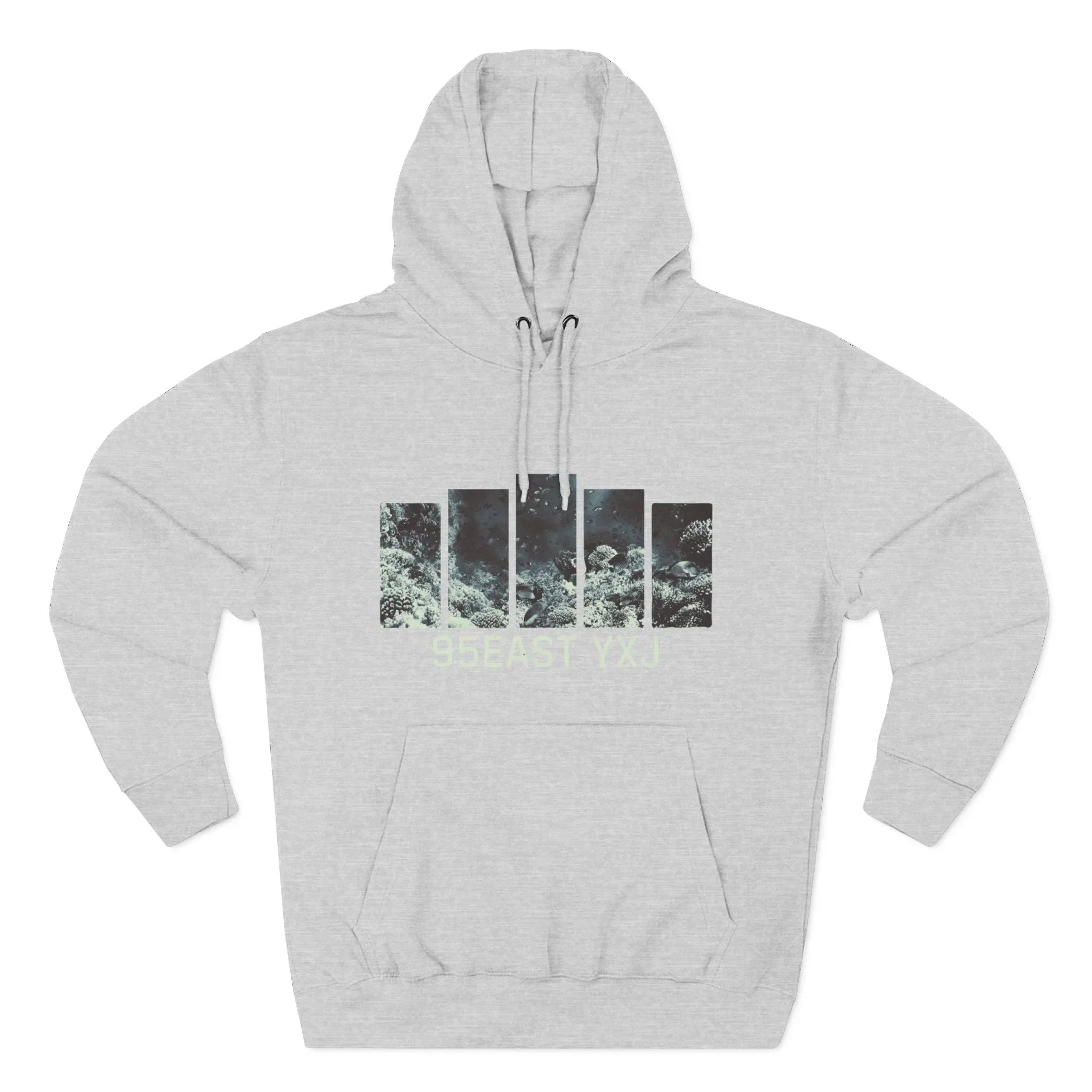 Light gray hoodie with abstract sea-inspired graphic and 95EAST YXJ text on front.