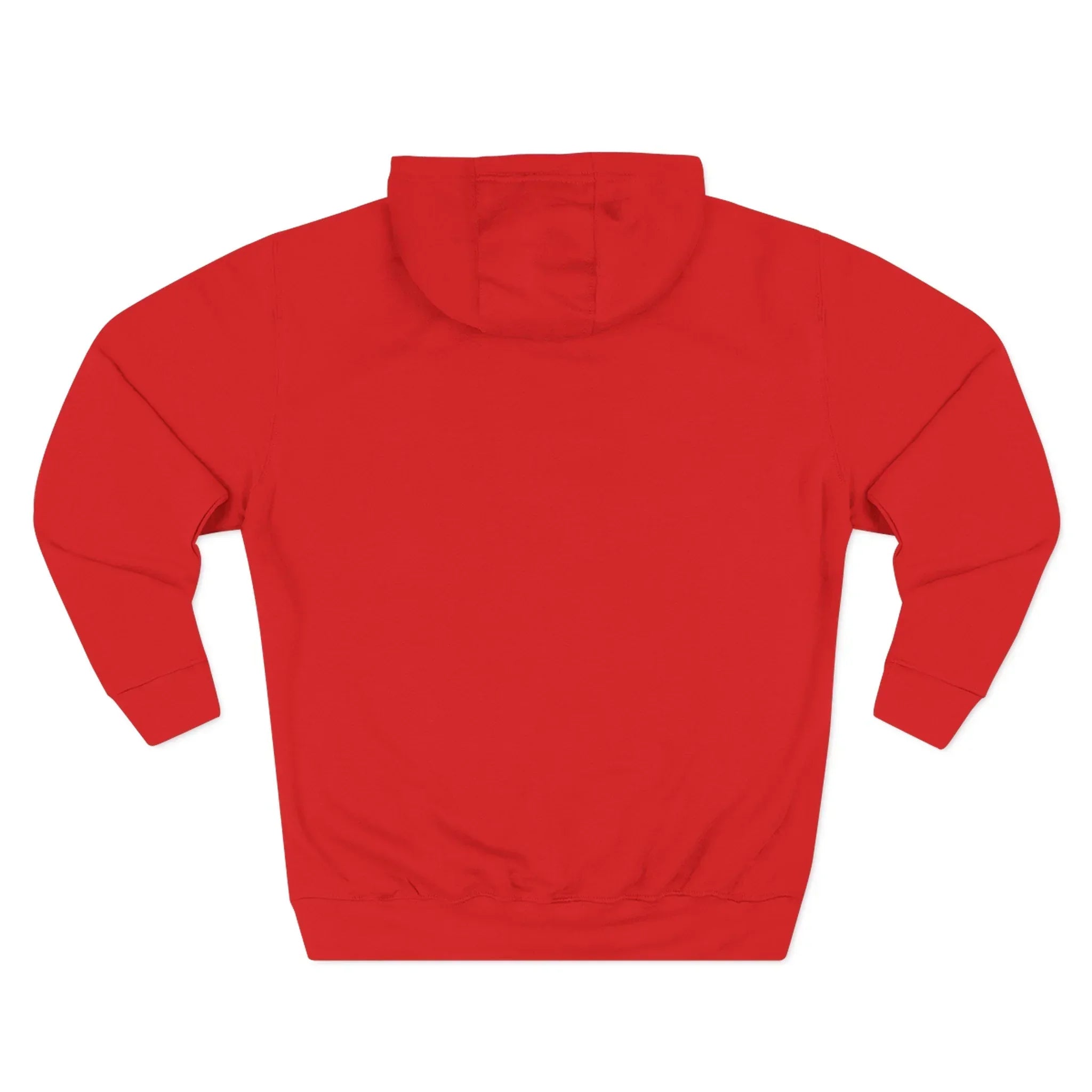 Back view of plain red hoodie with long sleeves and hood on white background