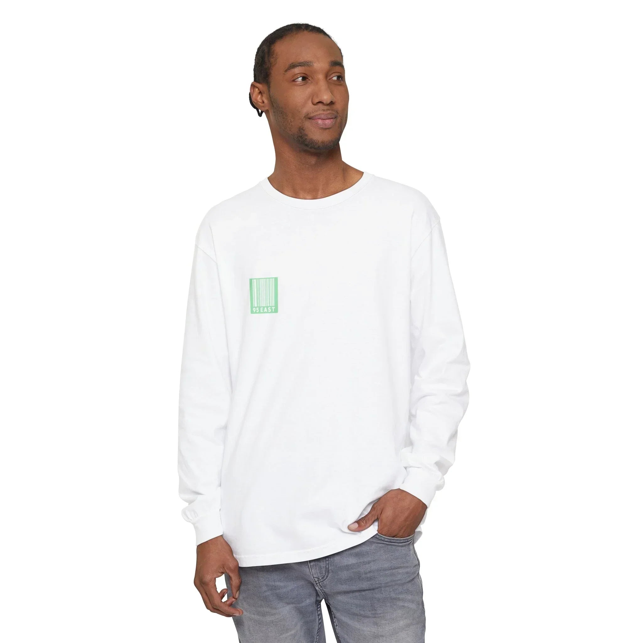 White long sleeve tee with green barcode graphic, modern streetwear style
