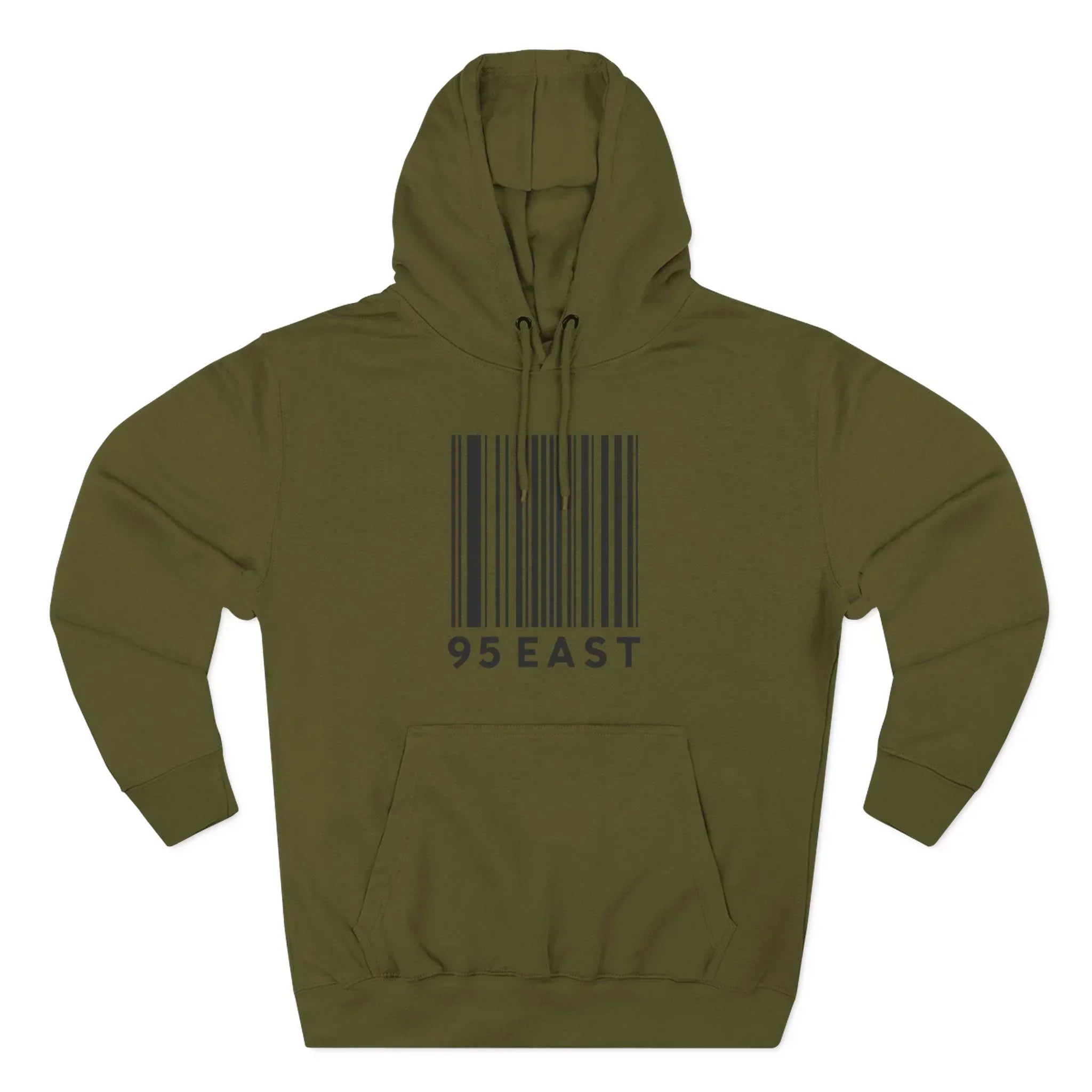 Olive green hoodie with black barcode graphic and 95 EAST text on front, streetwear style