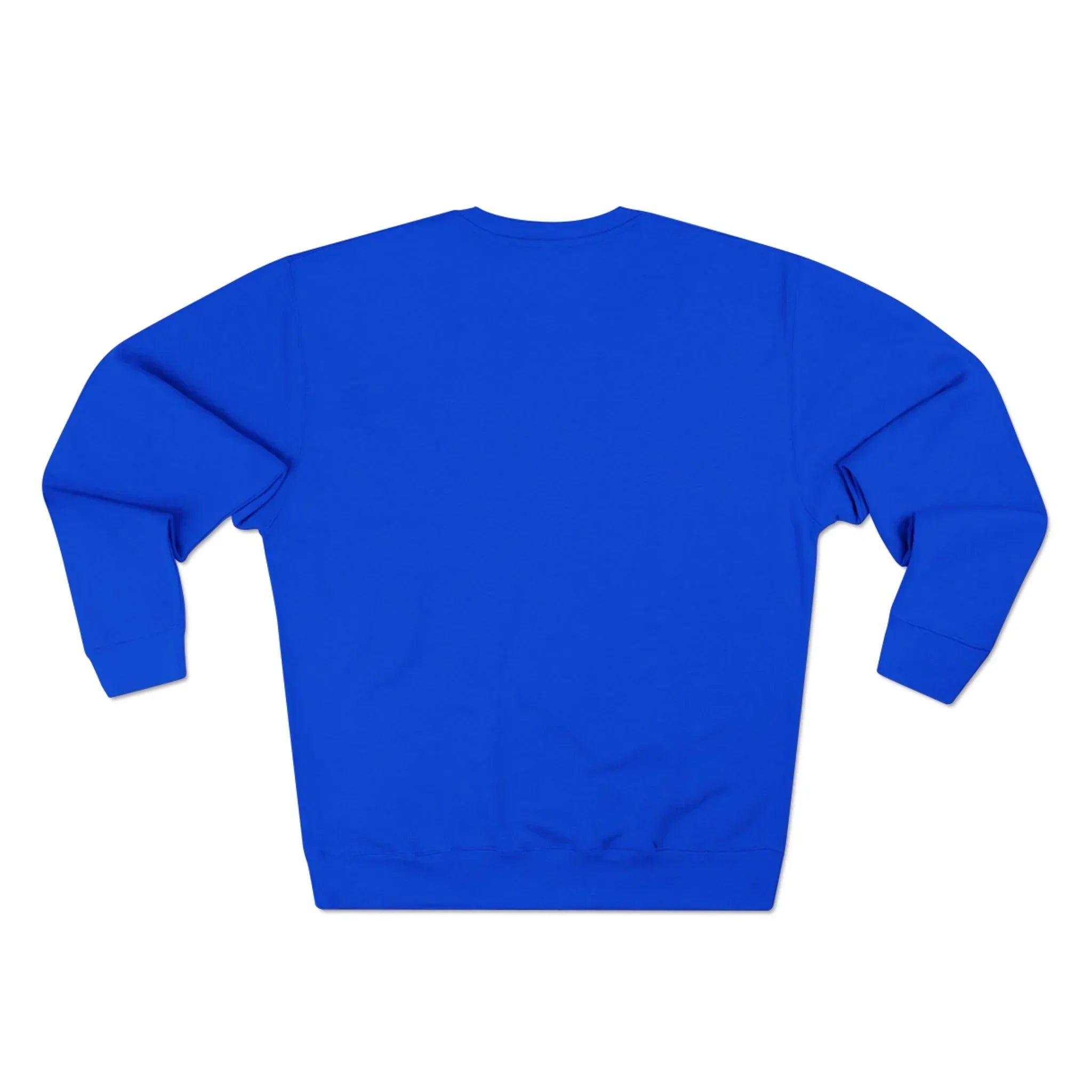 Solid royal blue crewneck sweatshirt, back view, no graphics or text visible