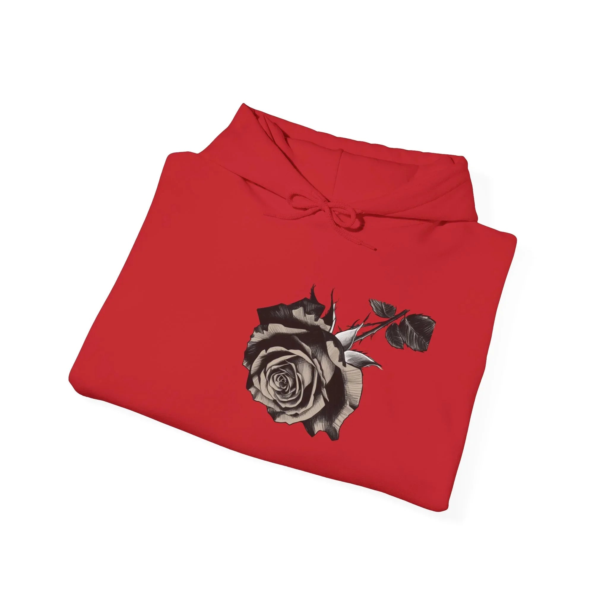 Red hoodie with black and white rose graphic on chest, folded on white background