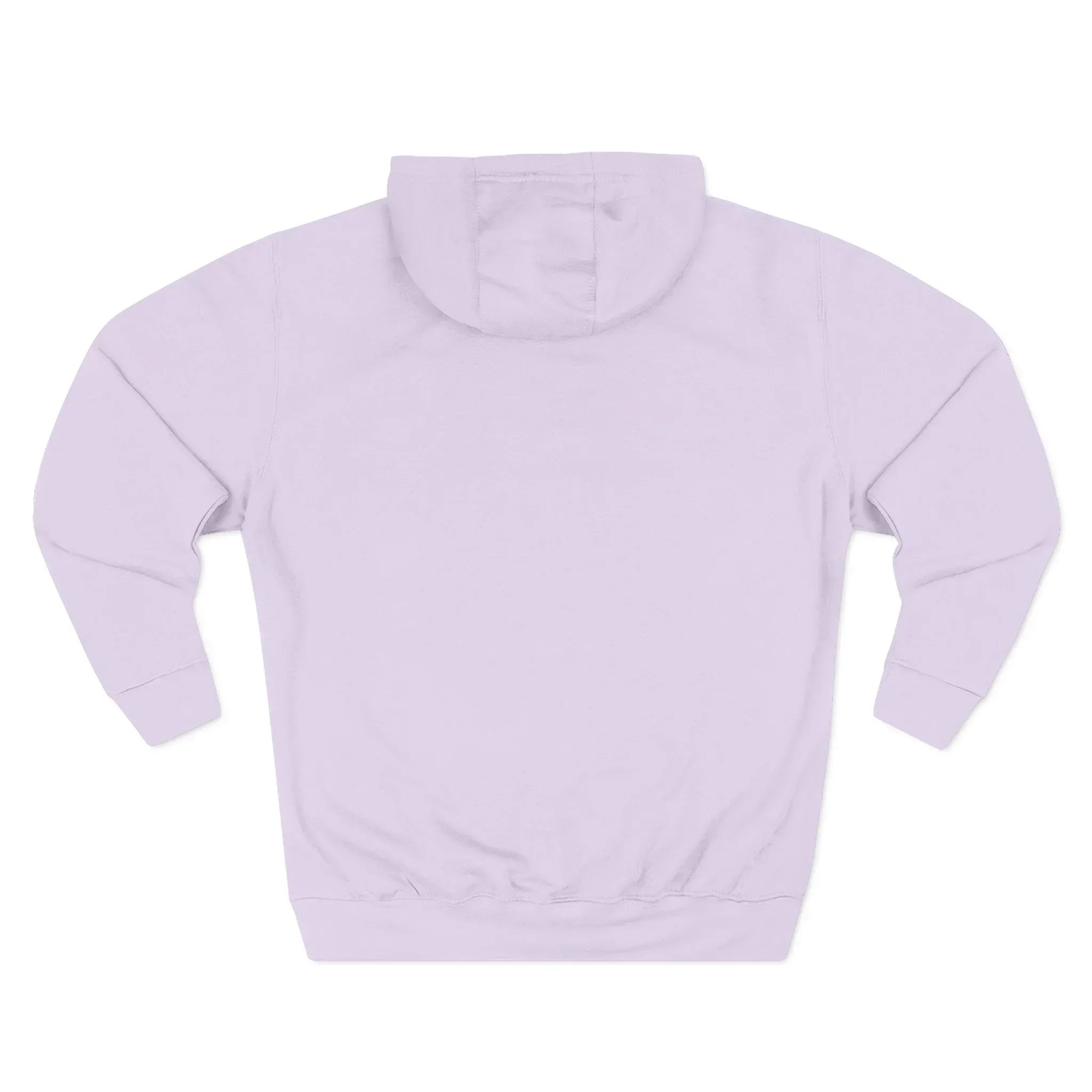Back view of a light purple hooded sweatshirt with long sleeves on a white background