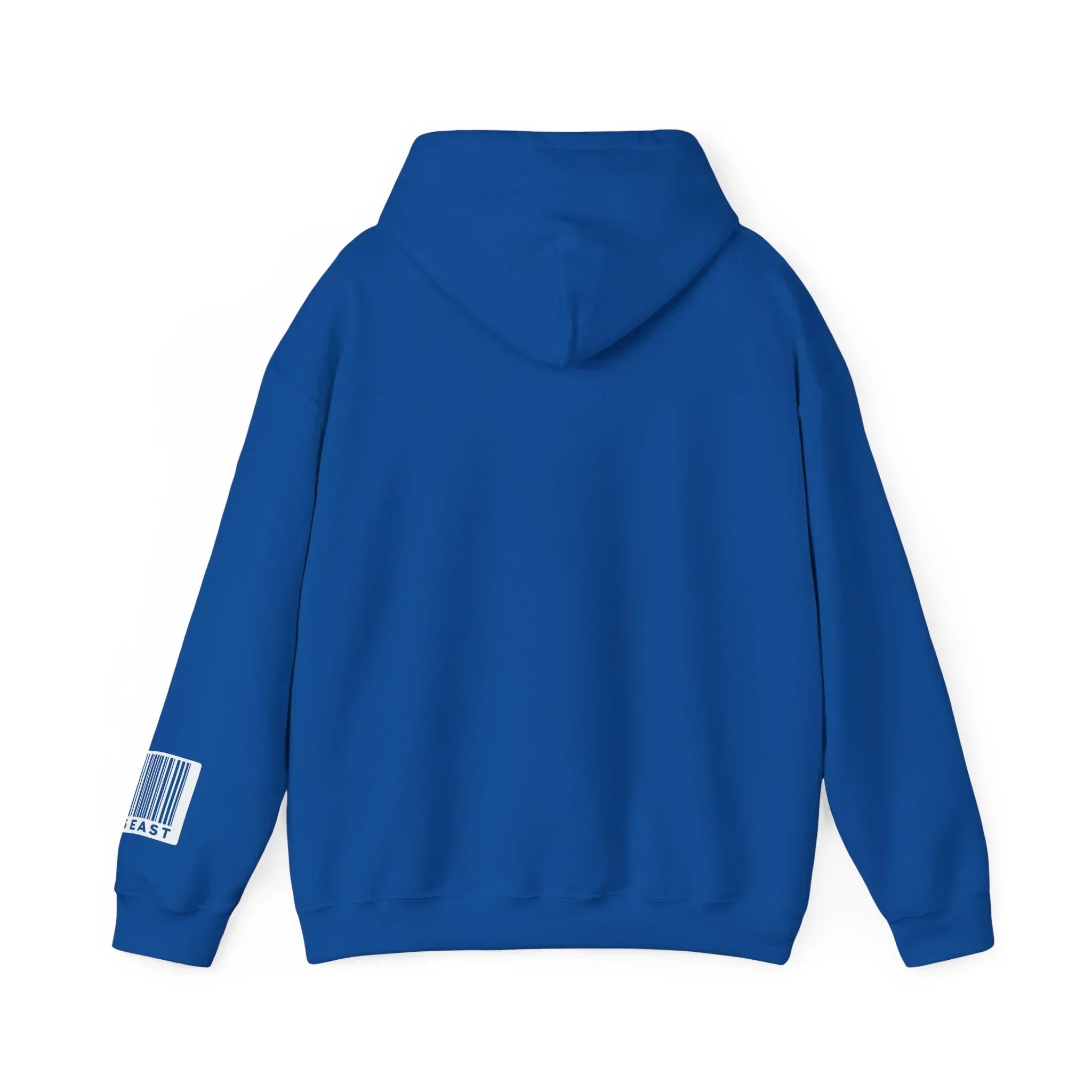 Blue hoodie with barcode graphic on sleeve, minimalist streetwear style, back view