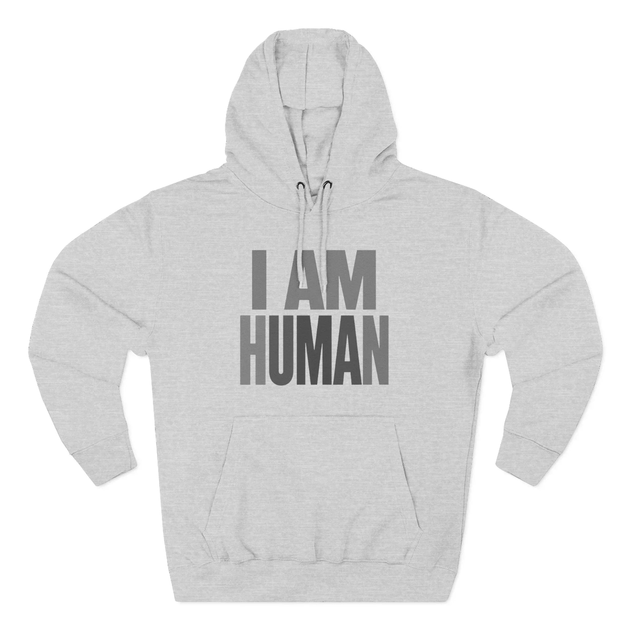 Light gray hoodie with bold black 'I AM HUMAN' text on the front, flat lay view