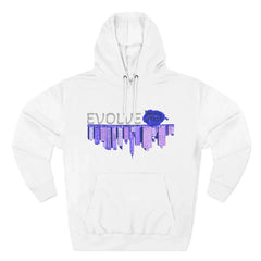 White hoodie with EVOLVE text, blue rose, and city skyline graphic