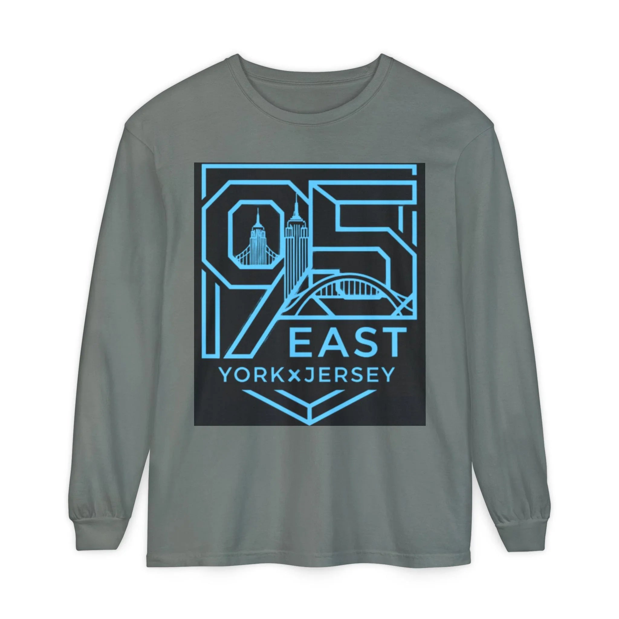 Grey long sleeve tee with blue '95 East YorkxJersey' graphic featuring city skyline design