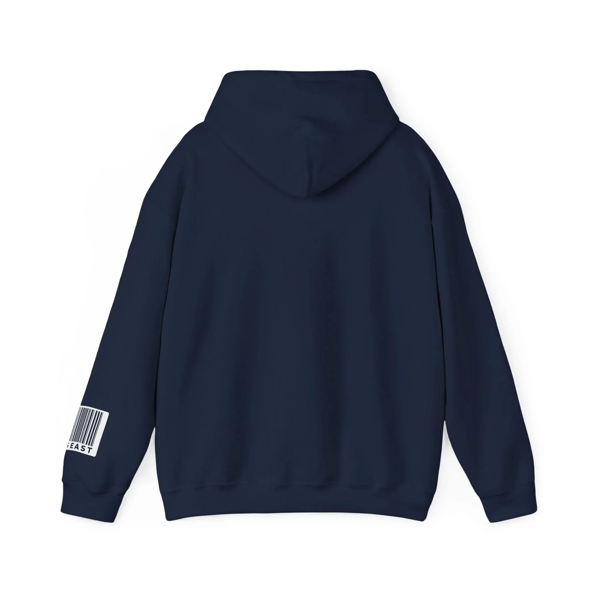 Back view of navy blue hoodie with barcode graphic on sleeve