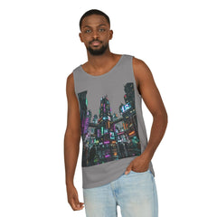 Man in gray tank top with vibrant cityscape graphic, light blue jeans, neutral background