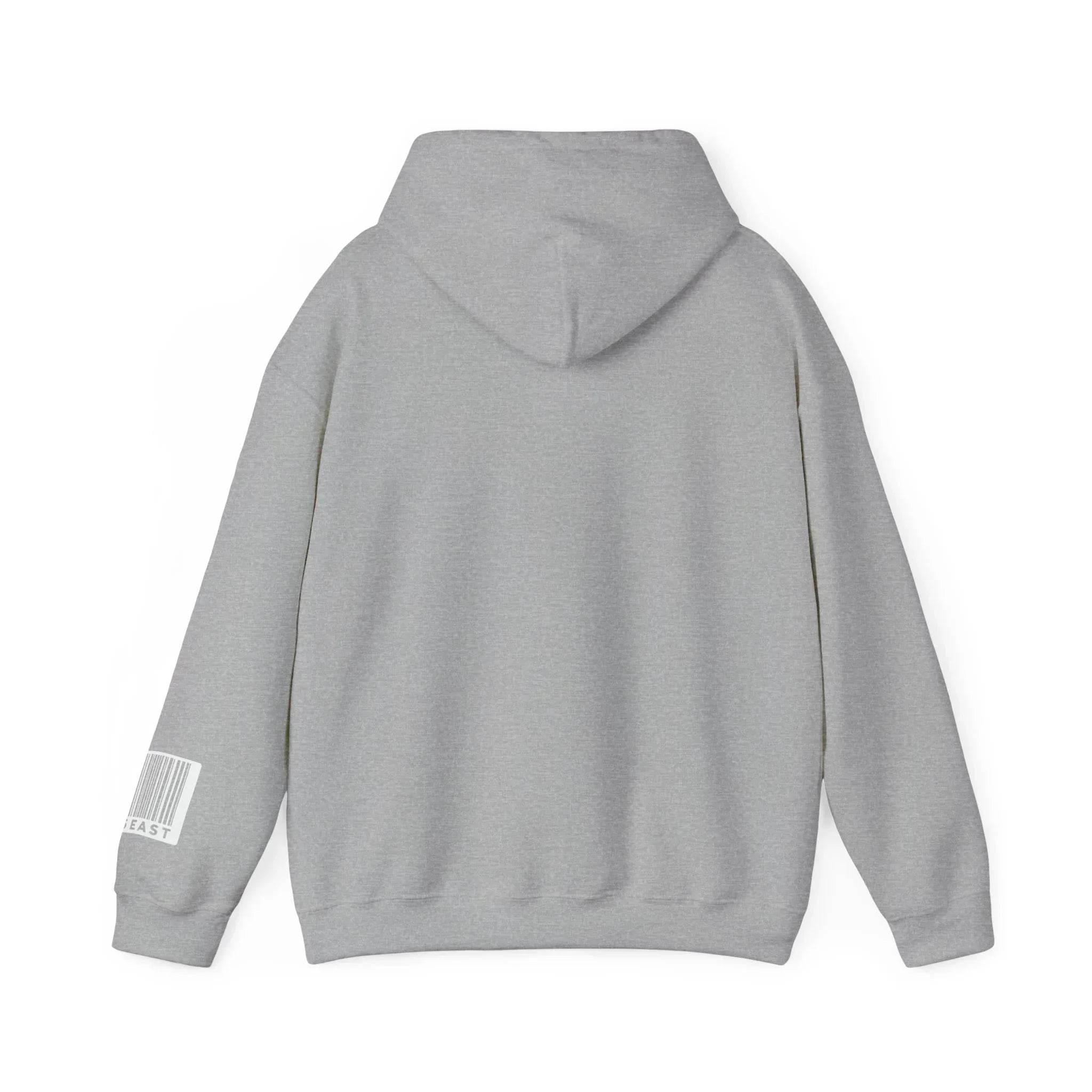Back view of a light grey hoodie with barcode detail on the sleeve