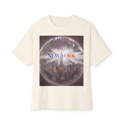 Cream t-shirt with 'Kings of New York' graphic, NYC skyline inside globe, '1 of 1' text