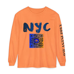 Orange long sleeve tee with bold NYC graphic, QR code, and 95EASTSUPPLY sleeve text
