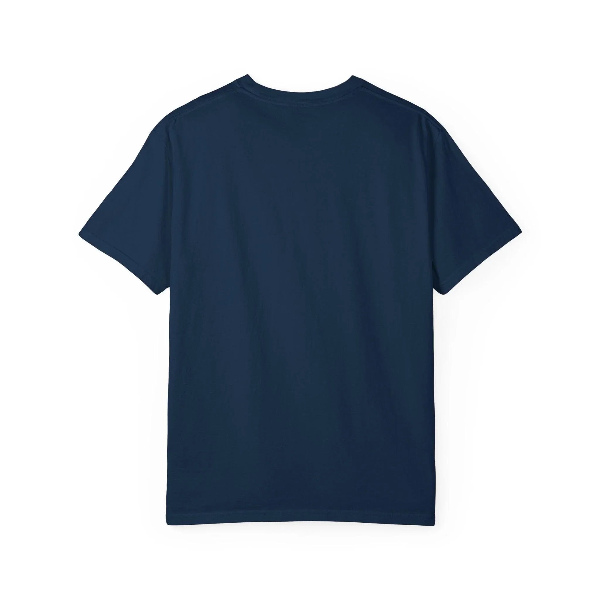 Navy blue crew neck t-shirt, back view, minimalist design for everyday wear