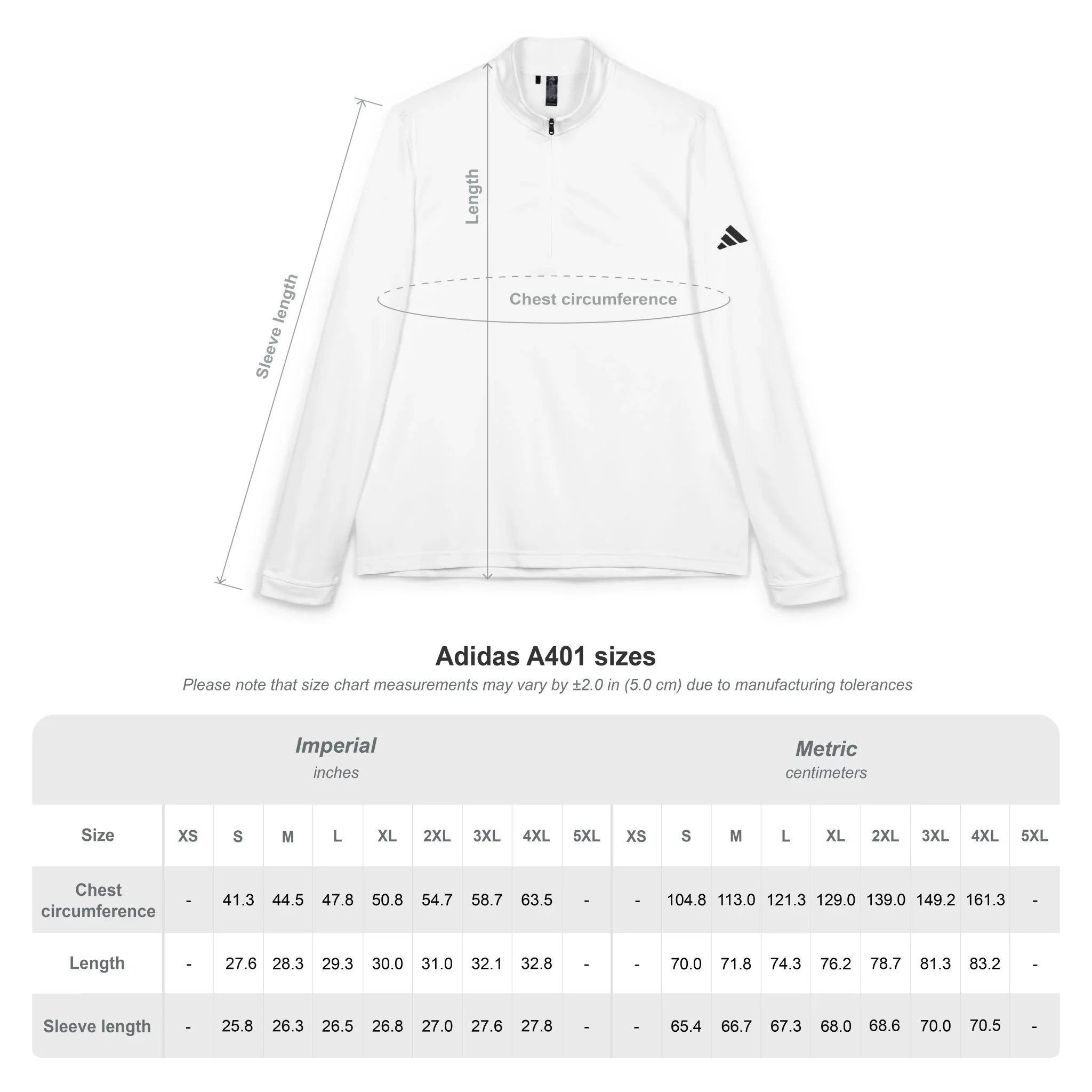 Adidas A401 sizing chart with chest, length, and sleeve measurements for jacket.