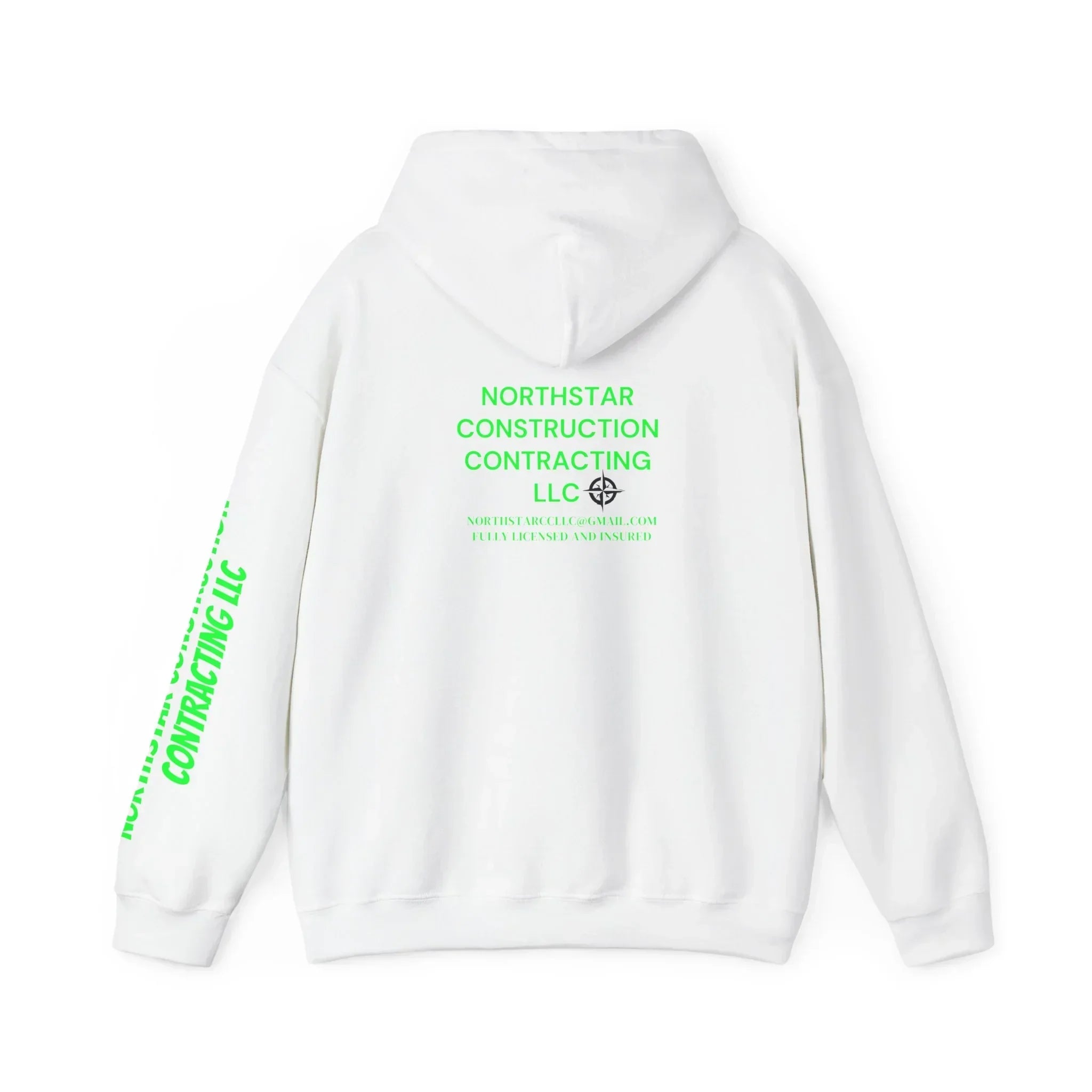 White hoodie with green Northstar Construction Contracting LLC print, back view, sleeve text, modern streetwear design