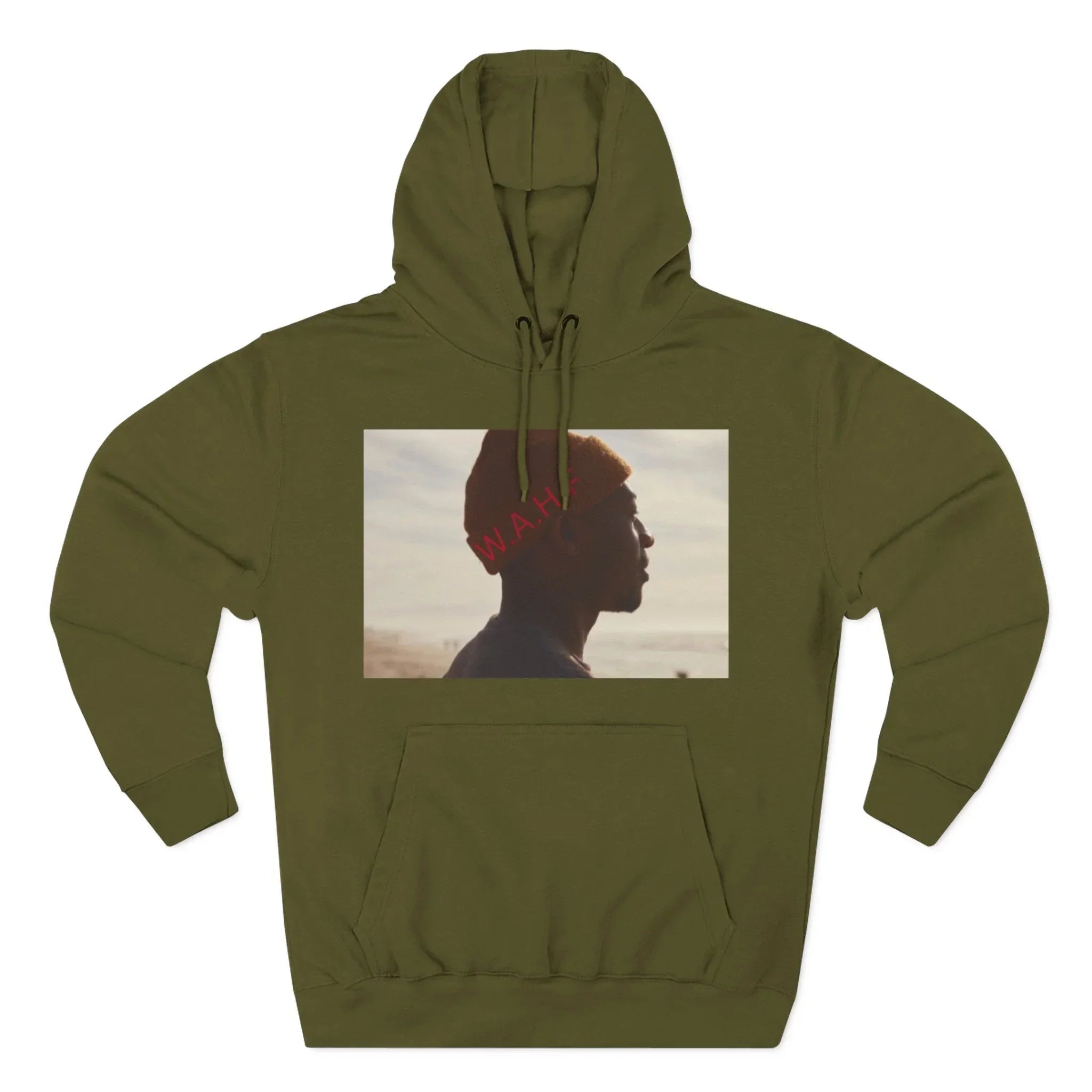 Olive green hoodie featuring profile photo of man in orange hat, casual streetwear style