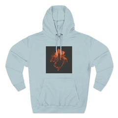 Light blue hoodie with orange cityscape and hand graphic on chest.