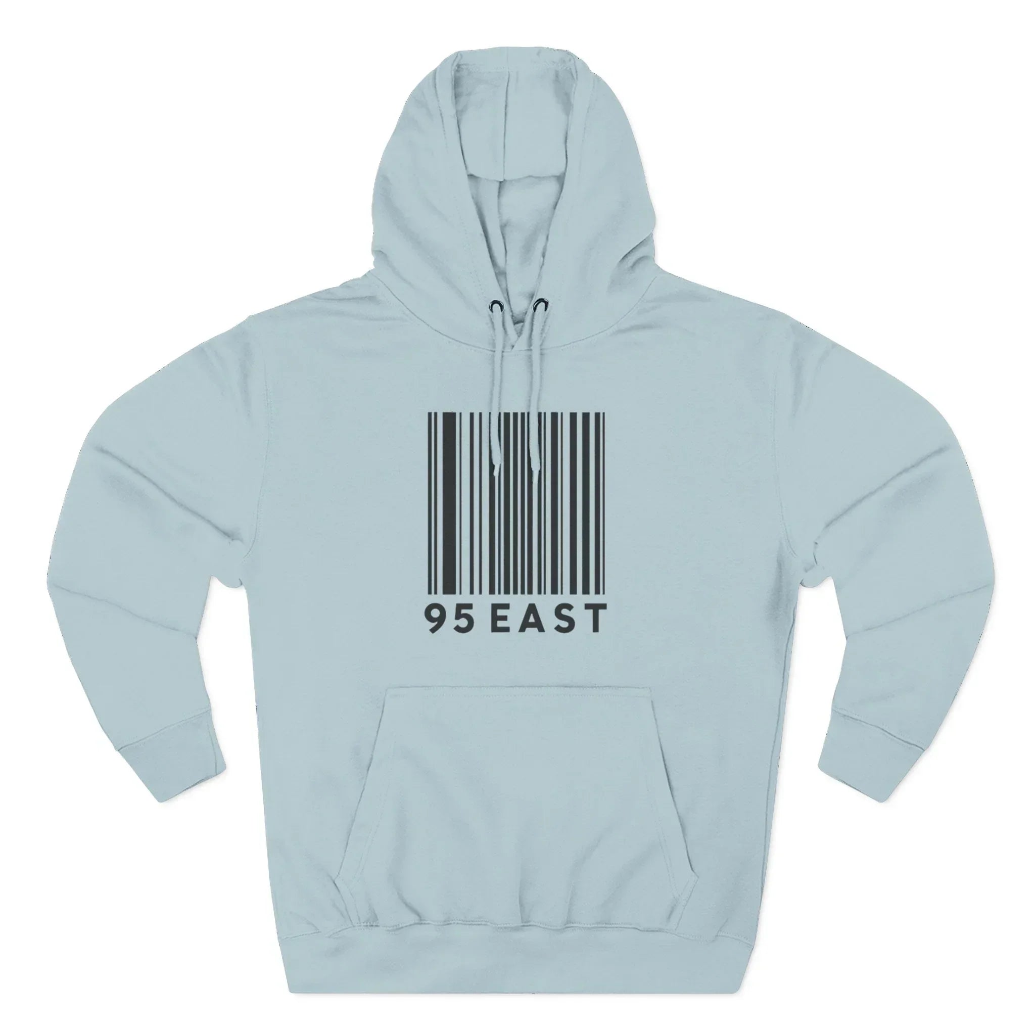 Light blue hoodie with black barcode graphic and '95 EAST' text on front.