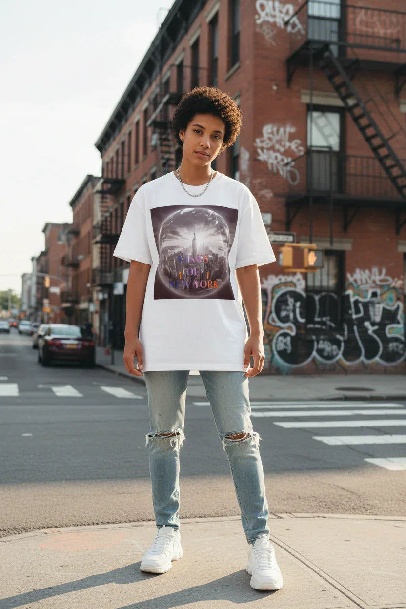 Woman wearing white graphic tee with NYC skyline print, ripped jeans, white sneakers on urban street