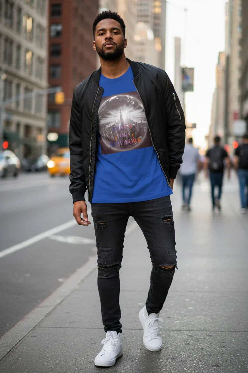 Man in blue graphic tee with city skyline, black bomber jacket, ripped jeans, and white sneakers on urban street