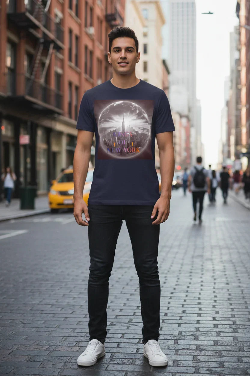 Man wearing navy t-shirt with New York skyline graphic, standing on urban street