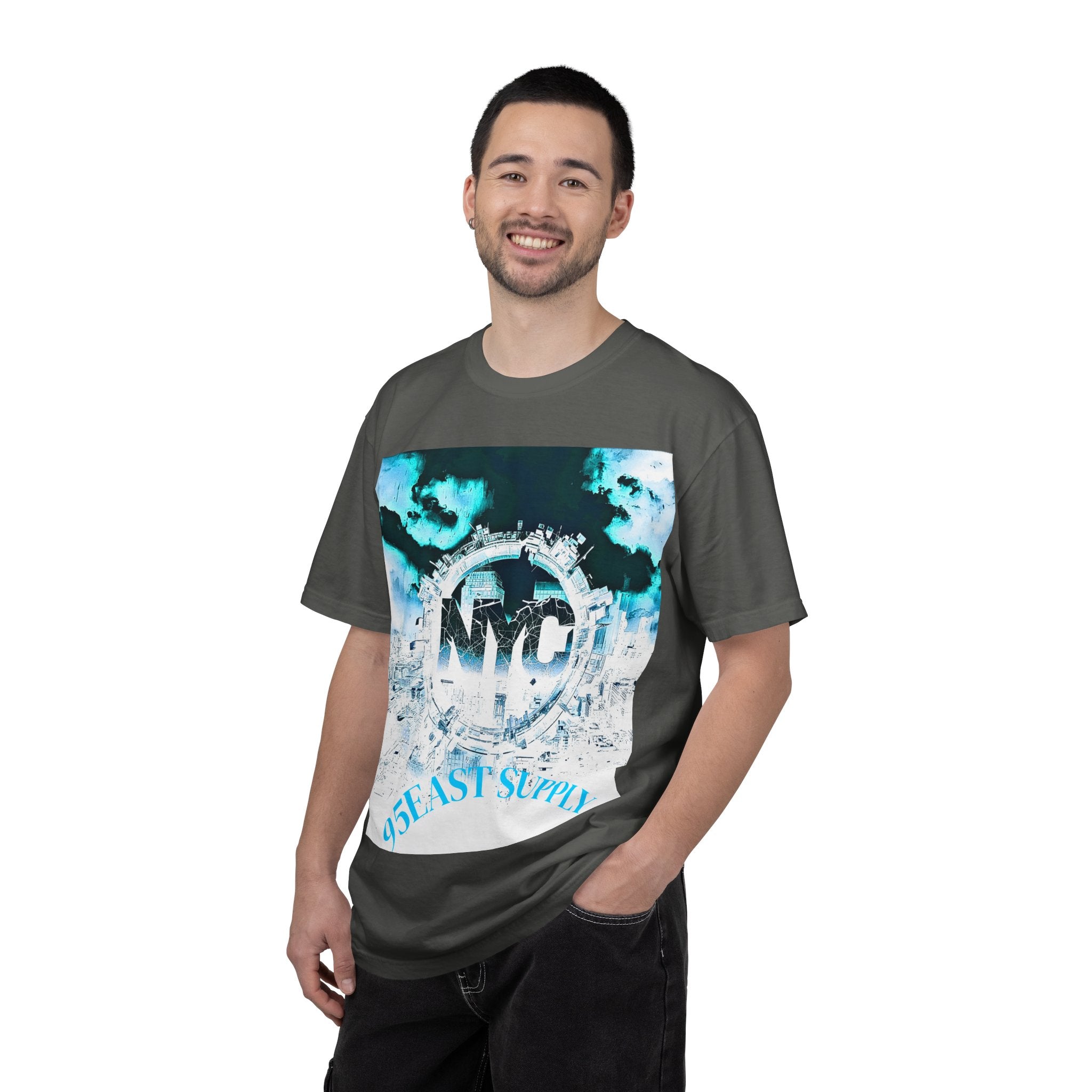 Man wearing dark gray graphic tee with NYC skyline and 95EAST SUPPLY text, modern urban streetwear style