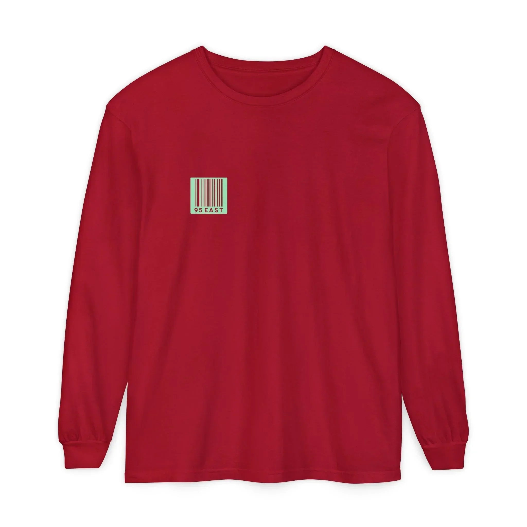 Red long sleeve tee with mint barcode graphic and '95 EAST' text, modern streetwear design