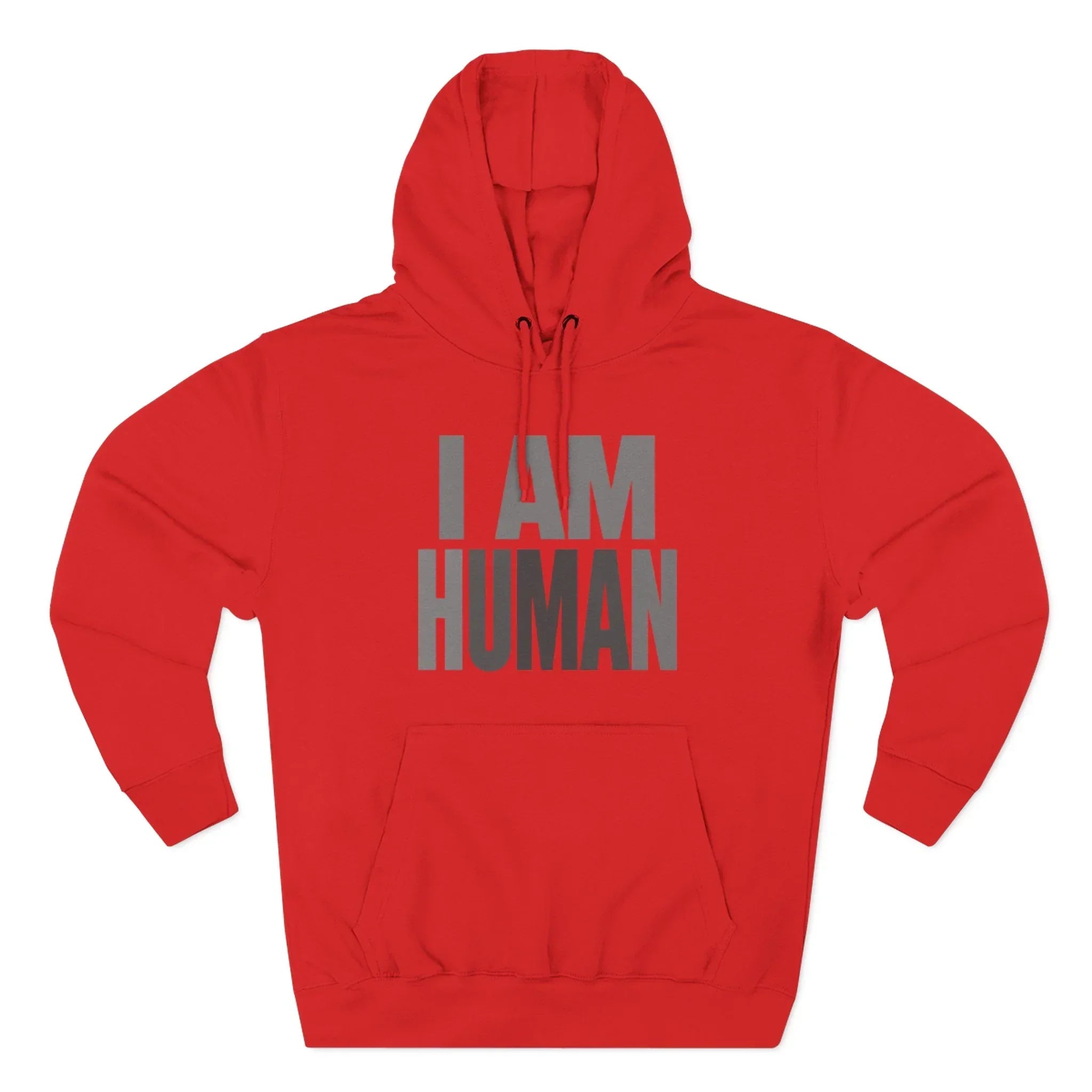 Red hoodie with gray 'I AM HUMAN' text, front view, casual streetwear fashion