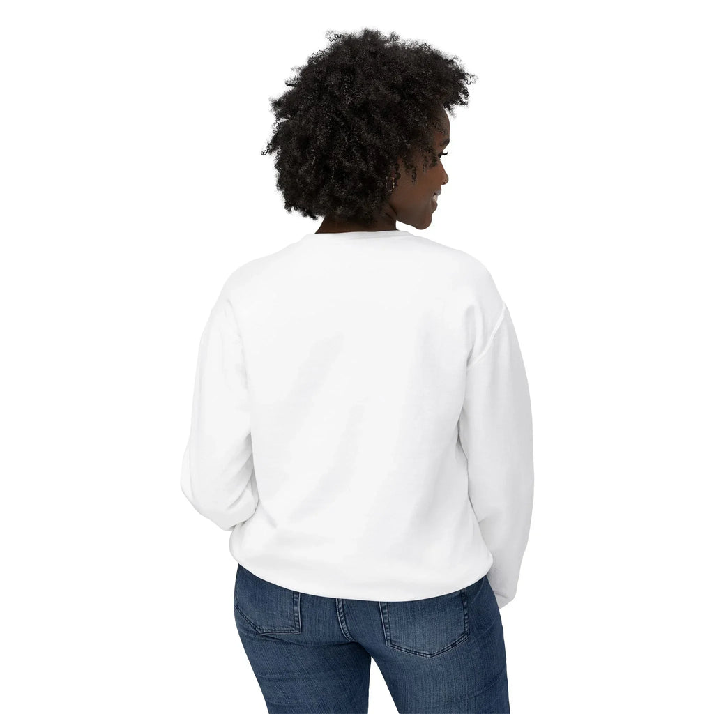 Woman in a white crewneck sweatshirt and blue jeans, back view, on white background