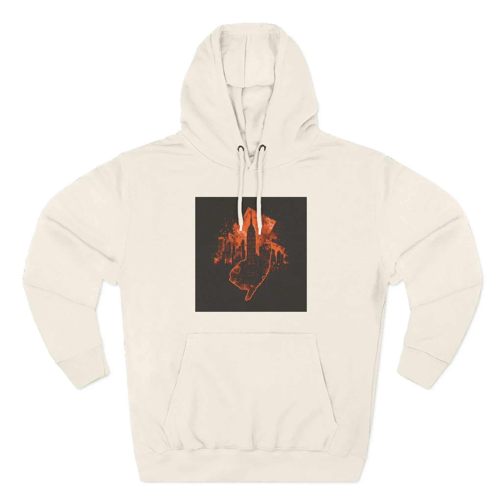 Beige hoodie with orange city skyline and hand graphic on front