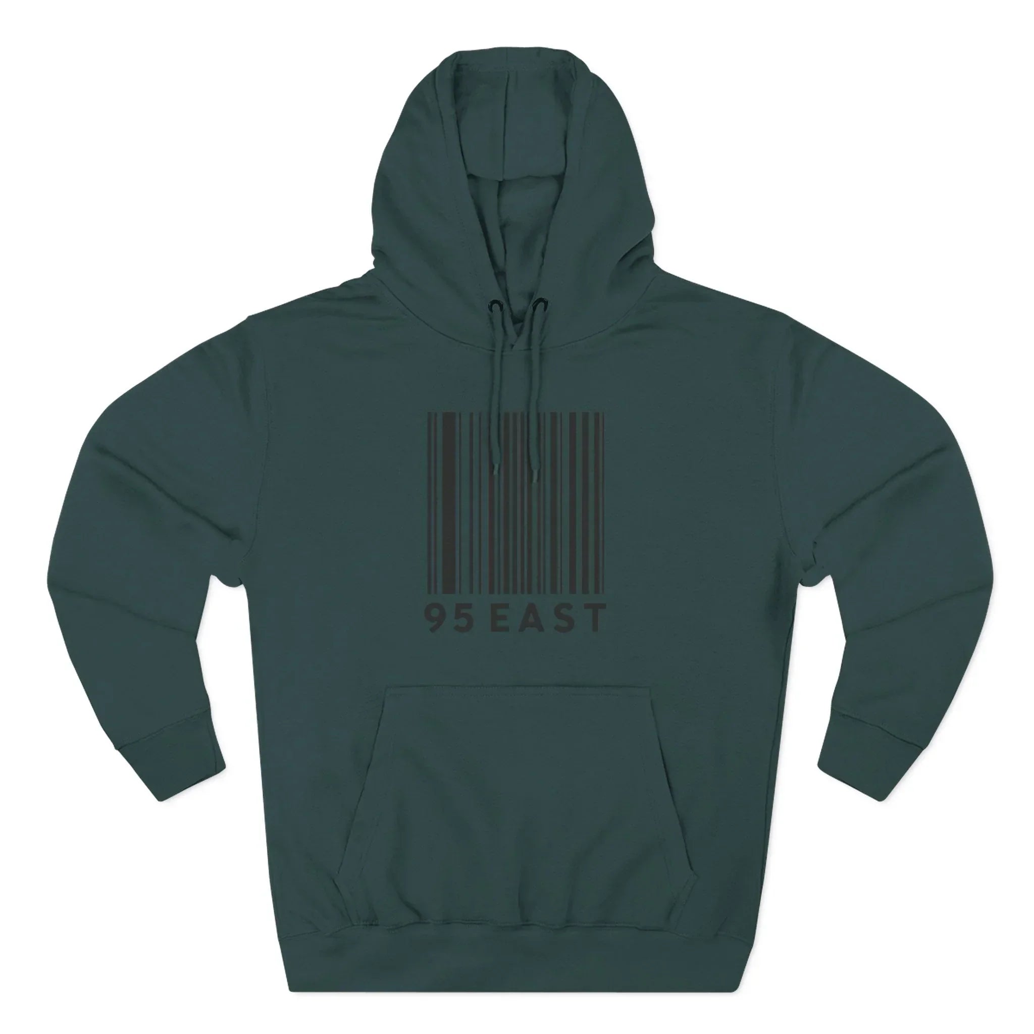 Dark green hoodie with barcode design and '95 EAST' text, modern East Coast style apparel
