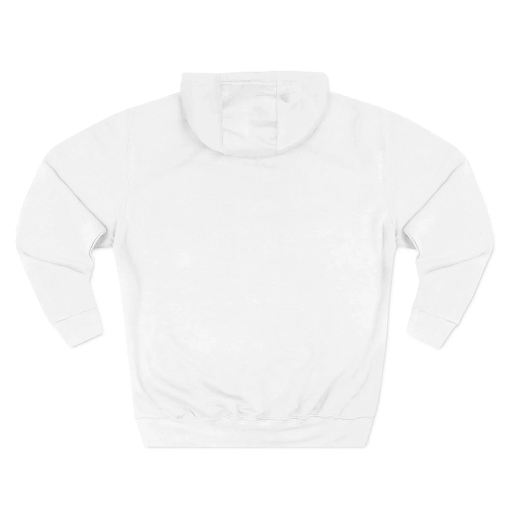 Back view of a plain white hoodie with hood and long sleeves on a white background