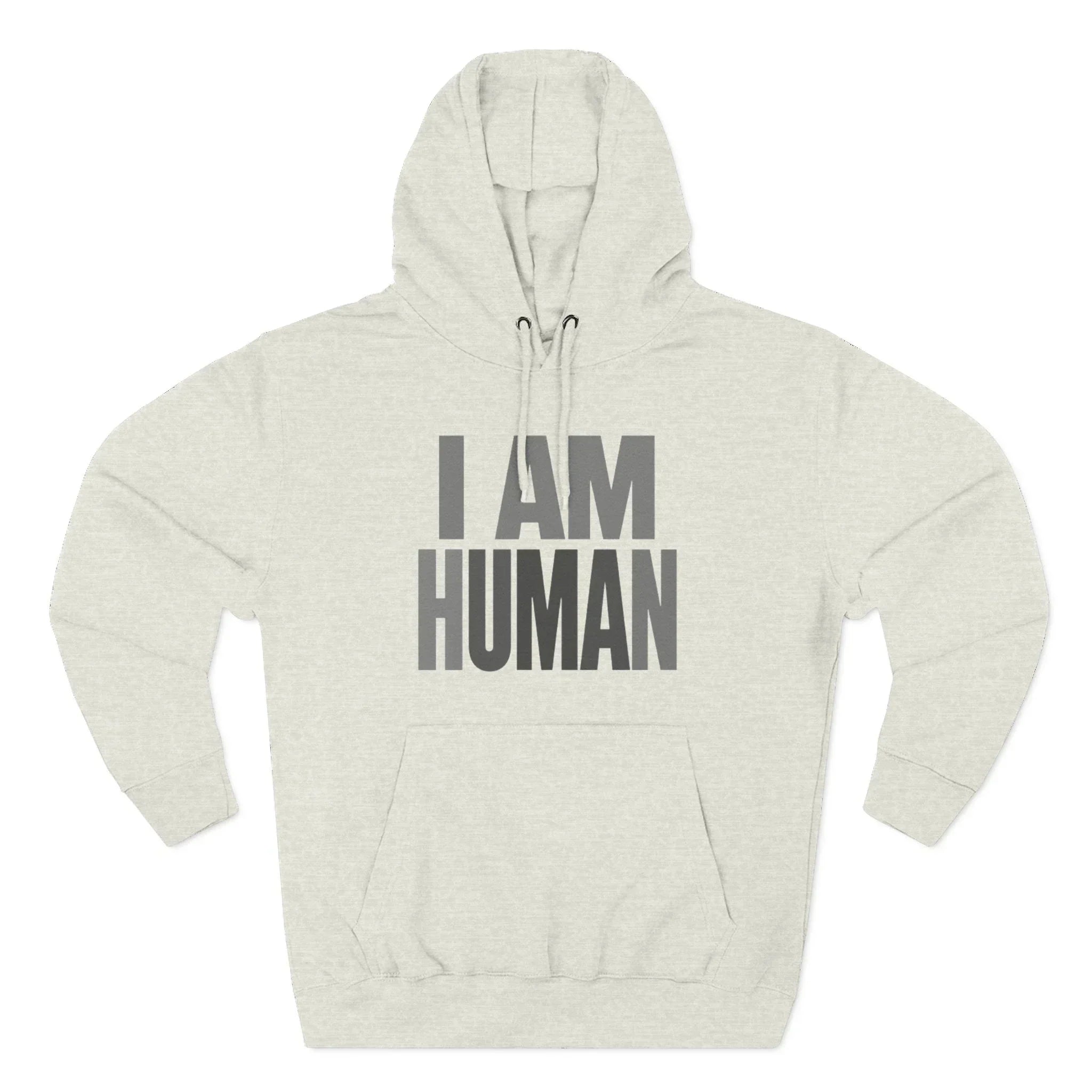 Beige hoodie with bold 'I AM HUMAN' text on front, streetwear style sweatshirt