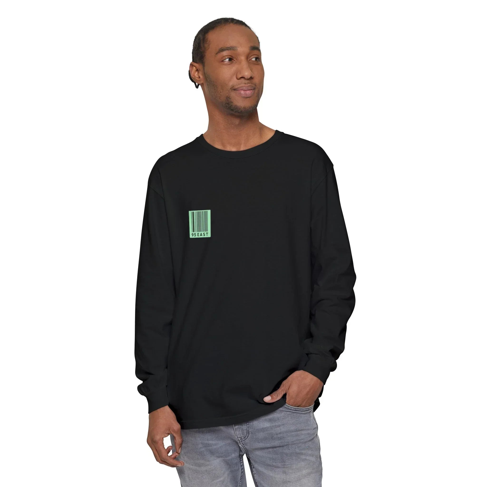 Black long sleeve hoodie with mint barcode graphic, modern streetwear style