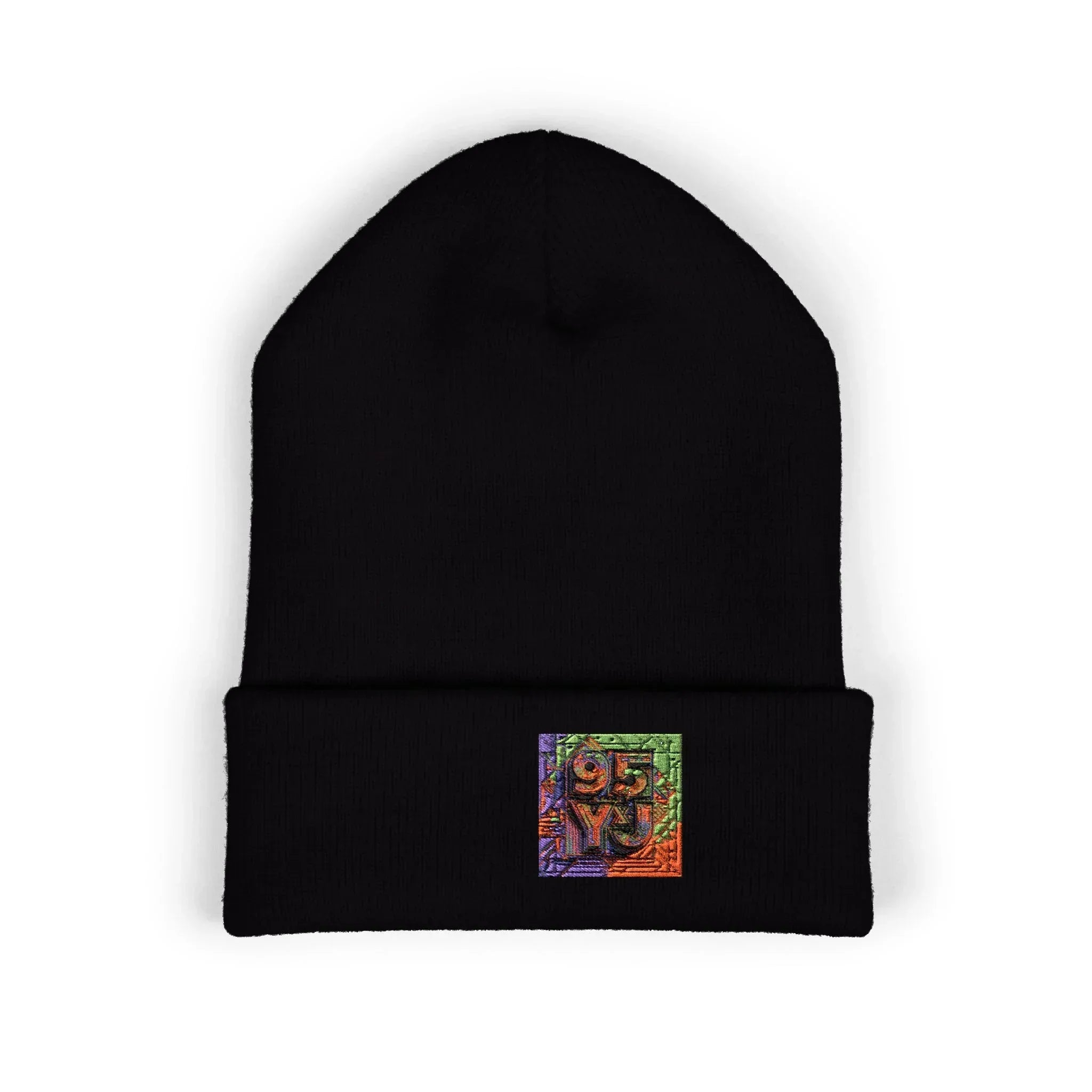 Black beanie with colorful embroidered geometric patch on the front cuff