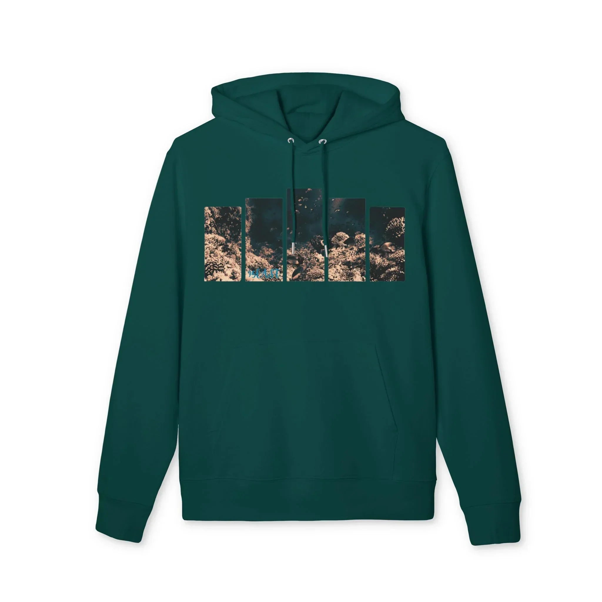 Teal hoodie with rectangular ocean coral graphic on chest, drawstring hood, front pocket