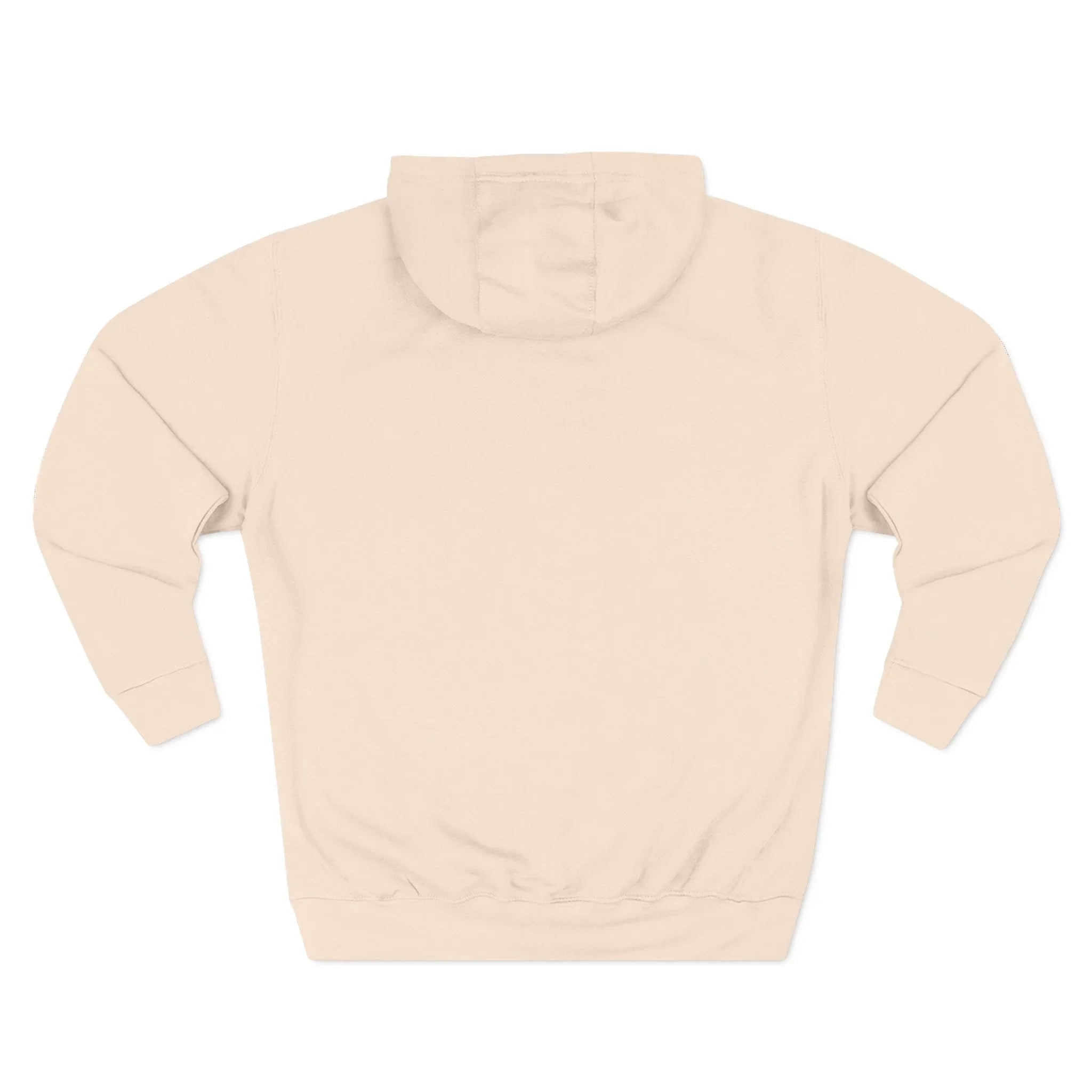 Beige hoodie back view, plain design with no graphics or details visible