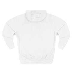 White hoodie back view, plain design, no graphics or text visible