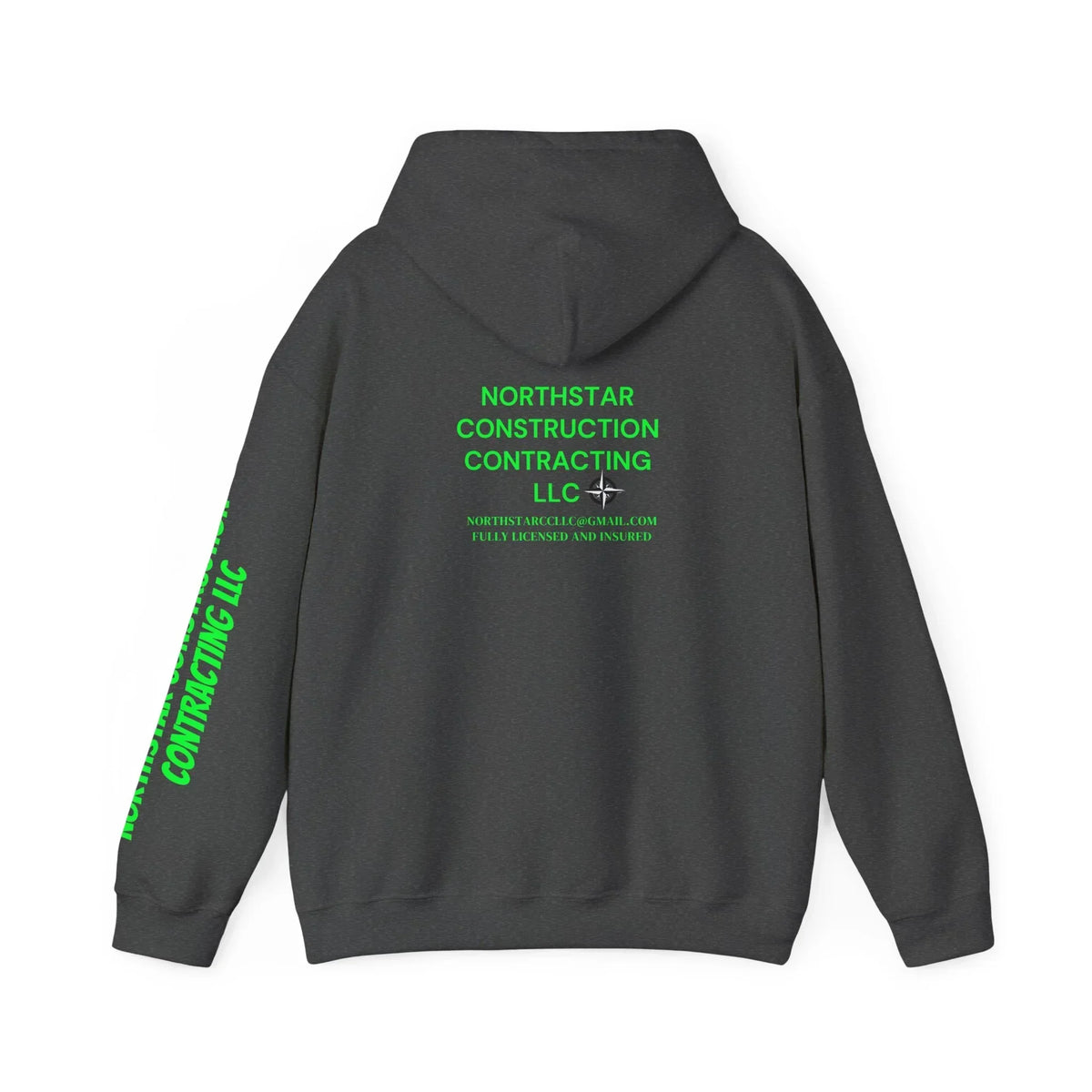 Dark gray hoodie with neon green Northstar Construction Contracting LLC print on back and sleeve
