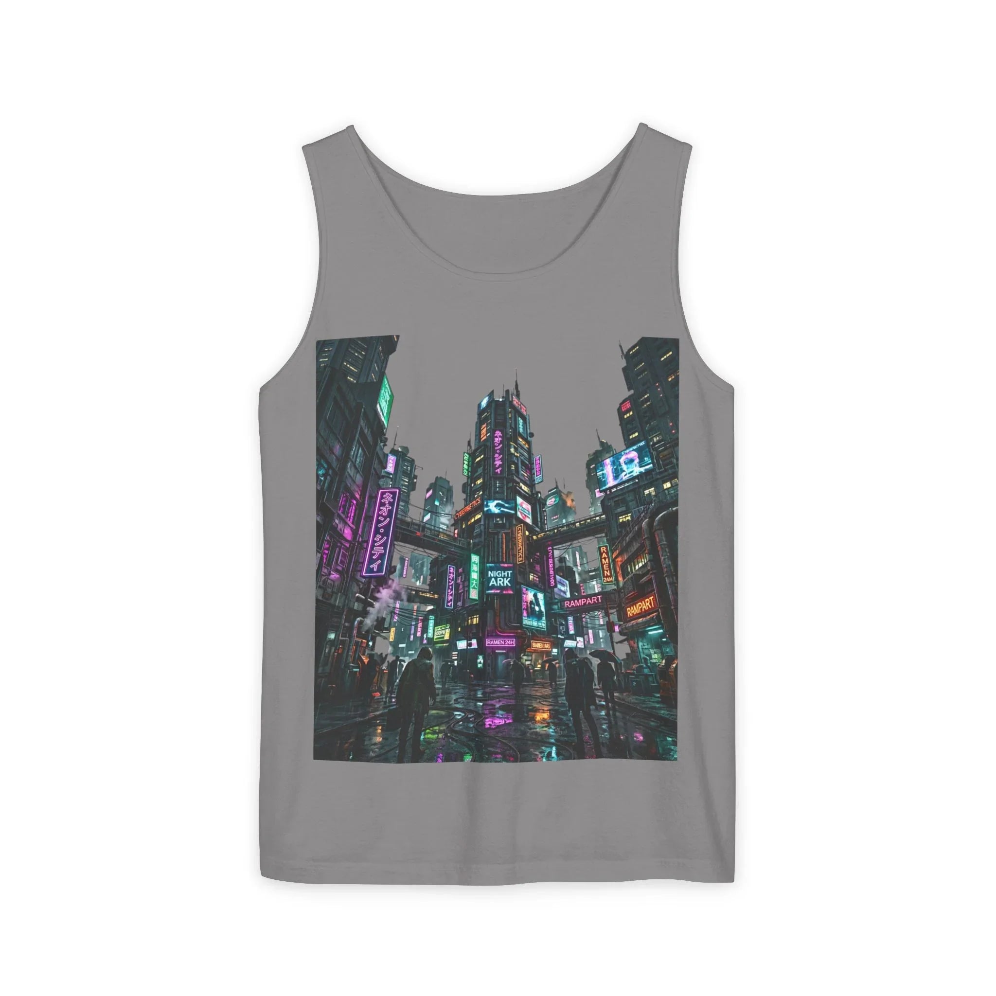Gray tank top featuring neon-lit futuristic city street art graphic on the front.