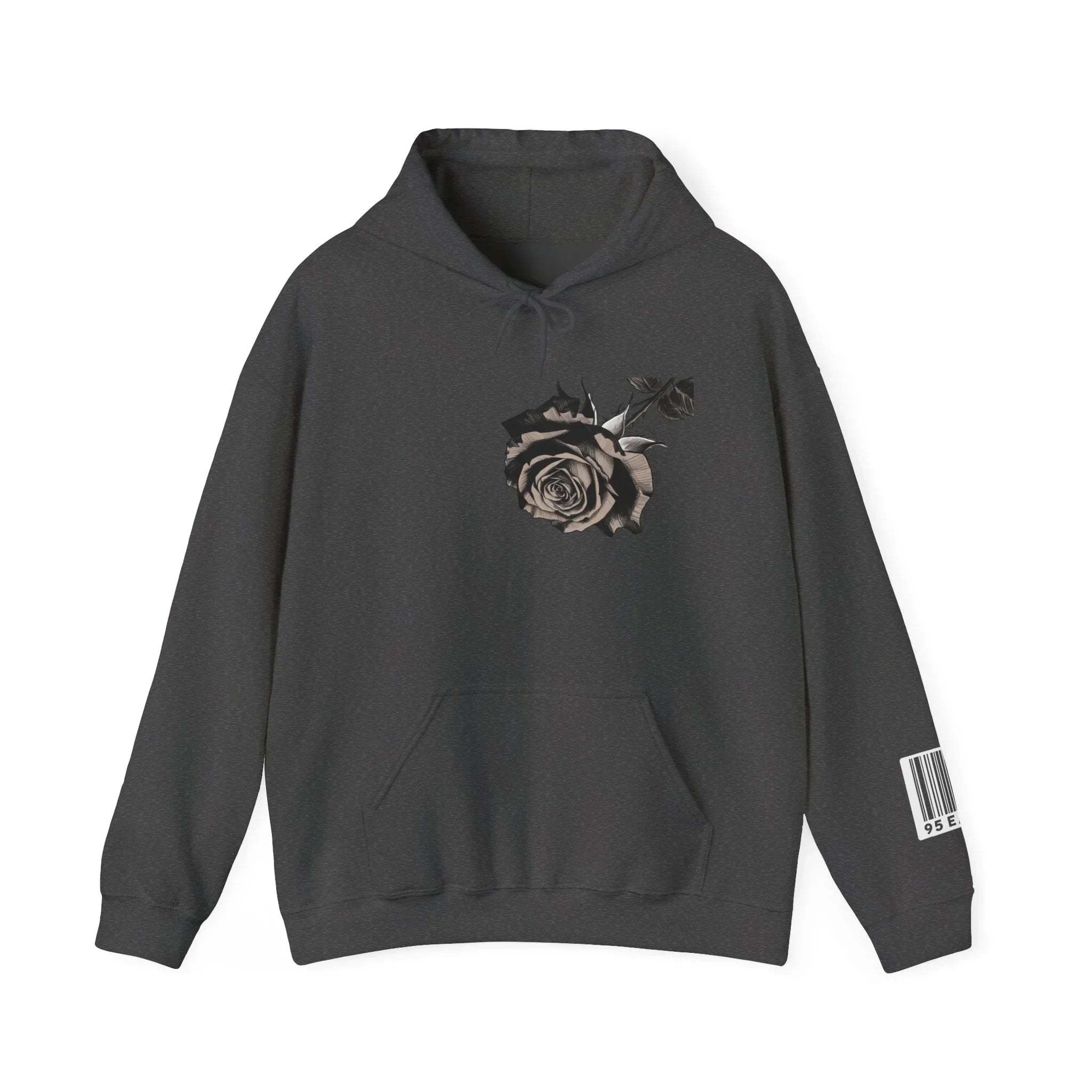 Black hoodie with a monochrome rose graphic on the chest and a barcode design on the sleeve