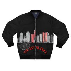 Black bomber jacket with city skyline, rose, and 95EAST SUPPLY text design