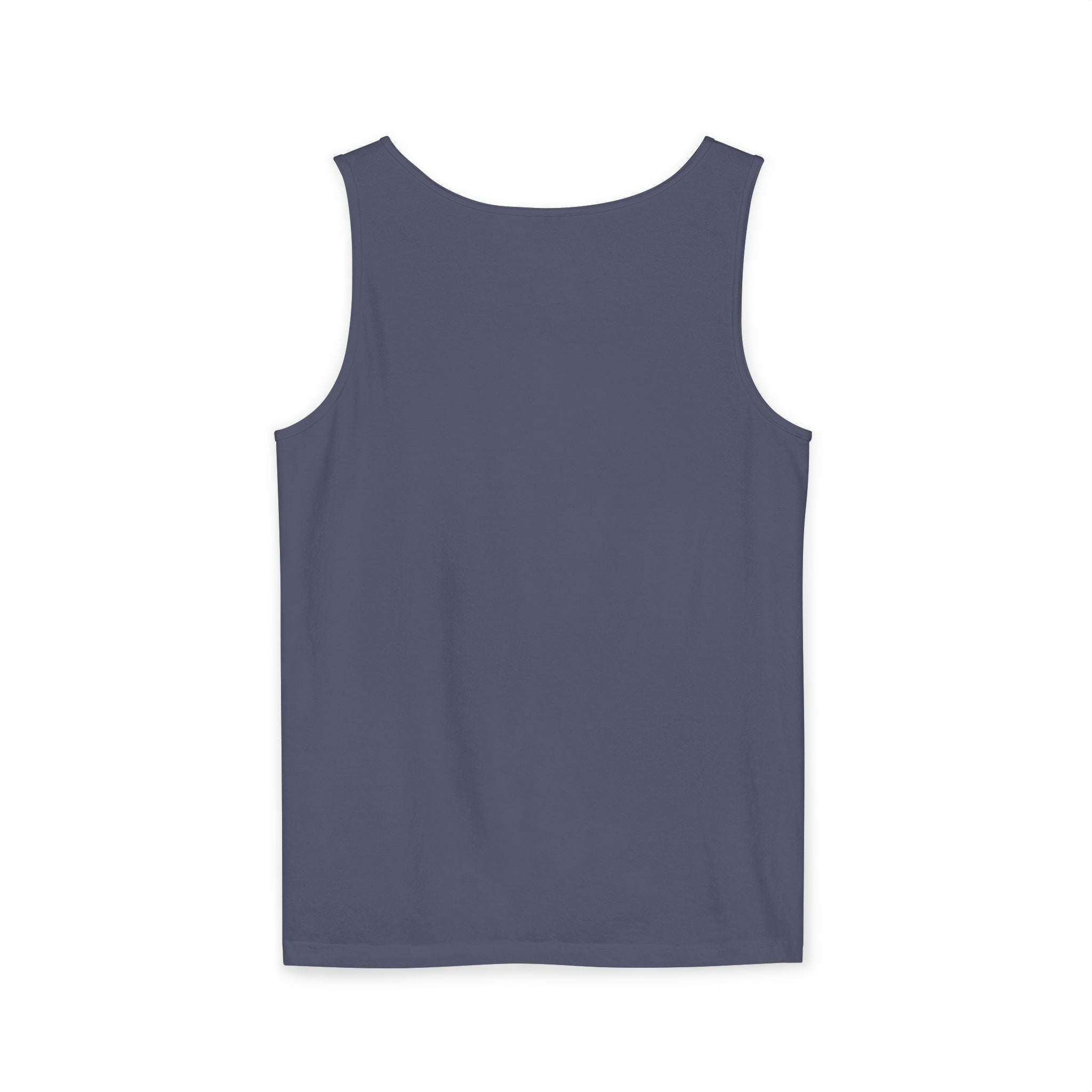 Back view of plain slate blue sleeveless tank top on white background