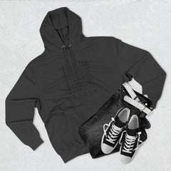 Black hoodie with barcode design, paired with jeans and sneakers for casual East Coast style