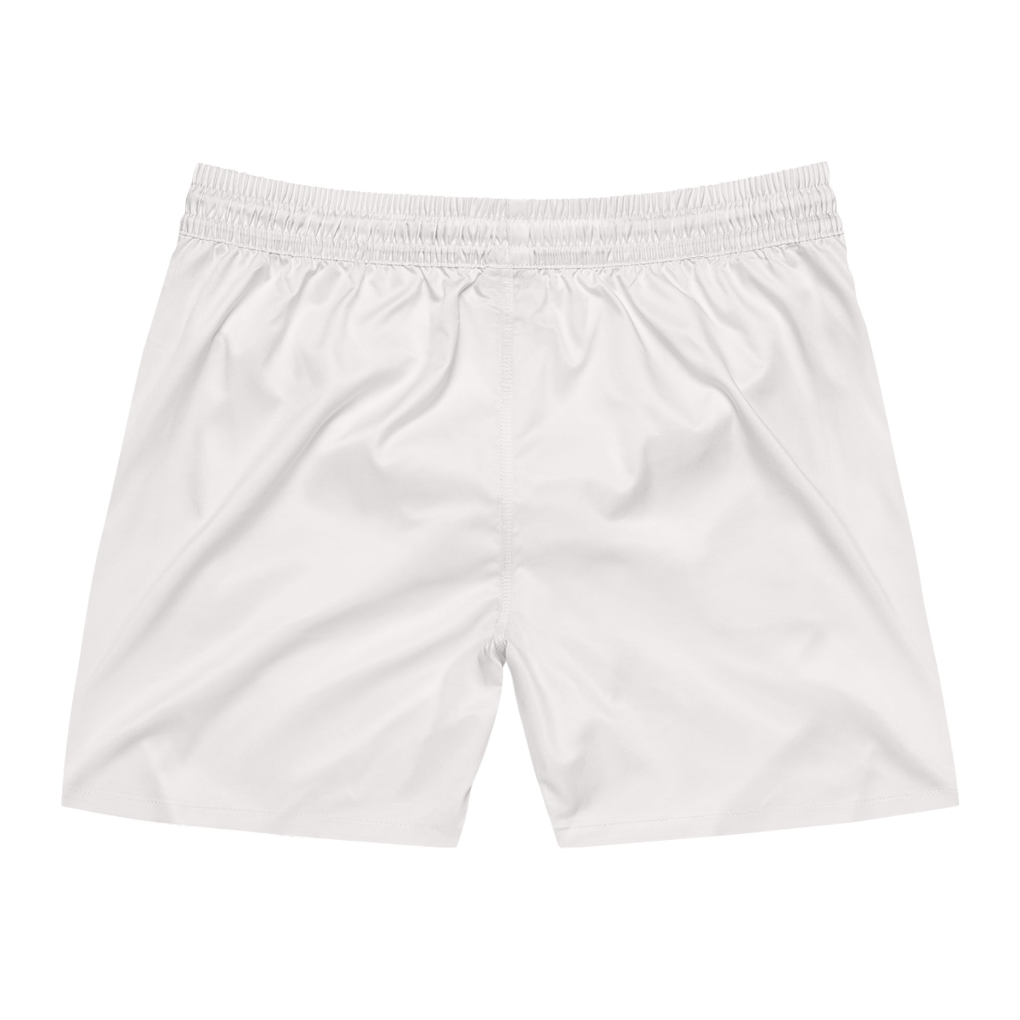 White athletic shorts with elastic waistband, back view
