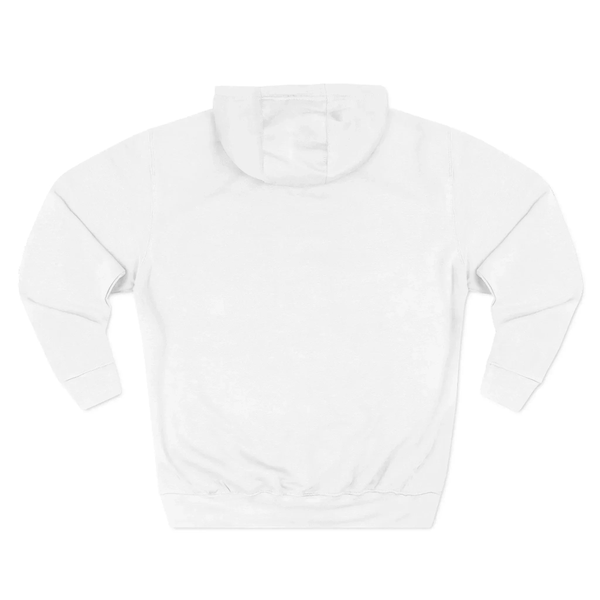 Back view of plain white hooded sweatshirt on white background