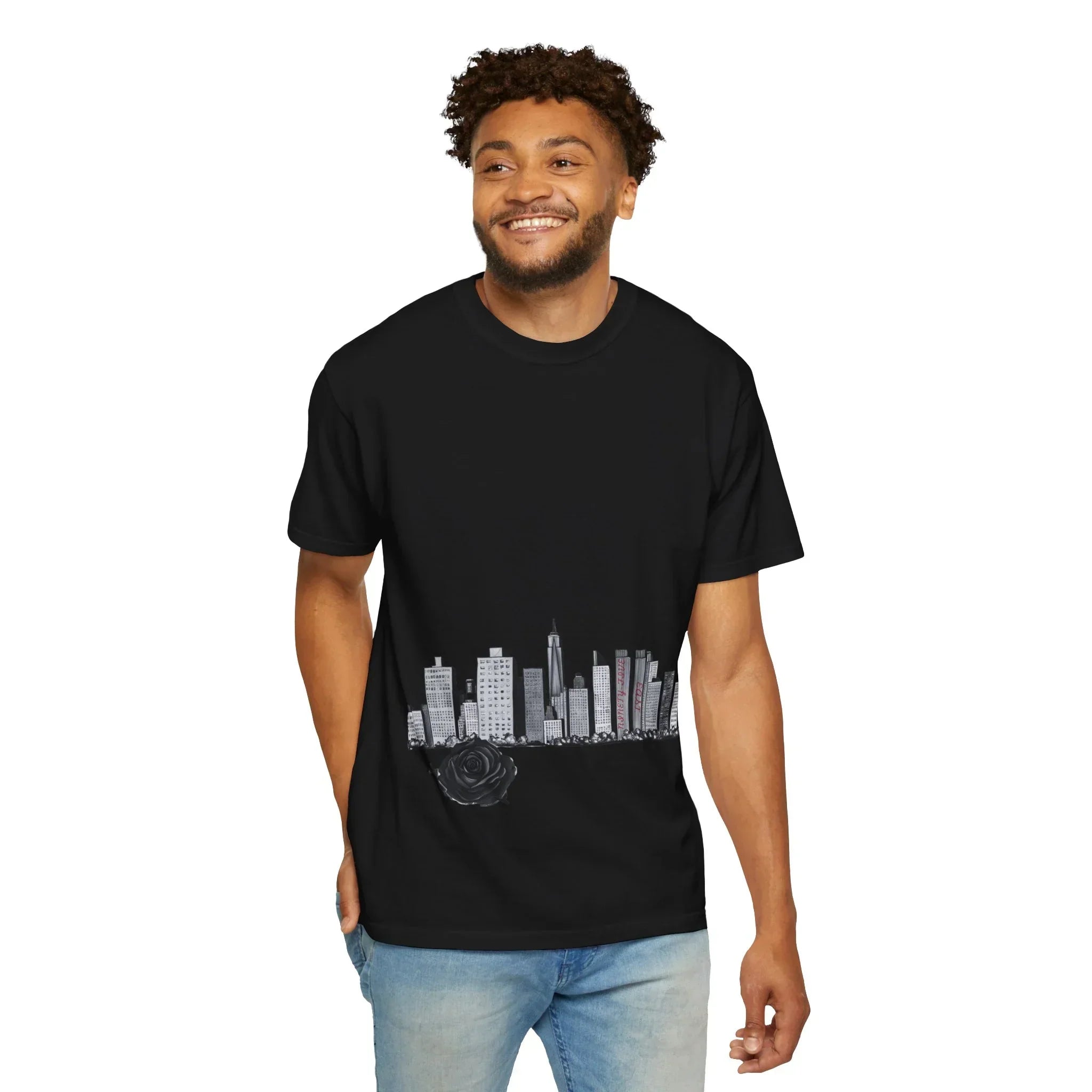 Man wearing black T-shirt with city skyline and rose graphic design
